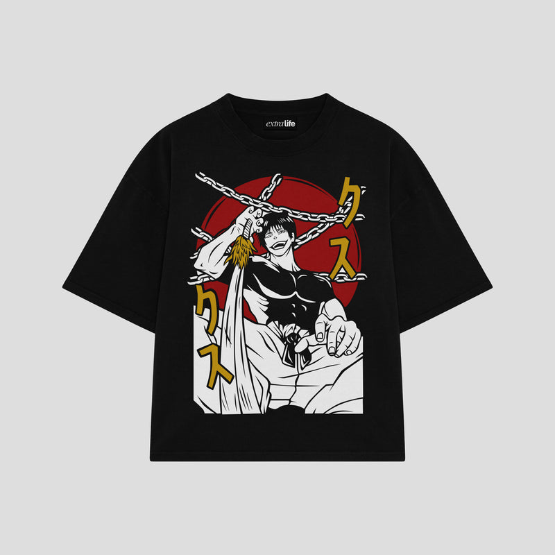 Playera streetwear premium de anime y gaming ExtraLife MX, corte boxy oversized drop shoulder heavyweight en color Deep Black y Off-White, moda urbana mexicana de culto.
