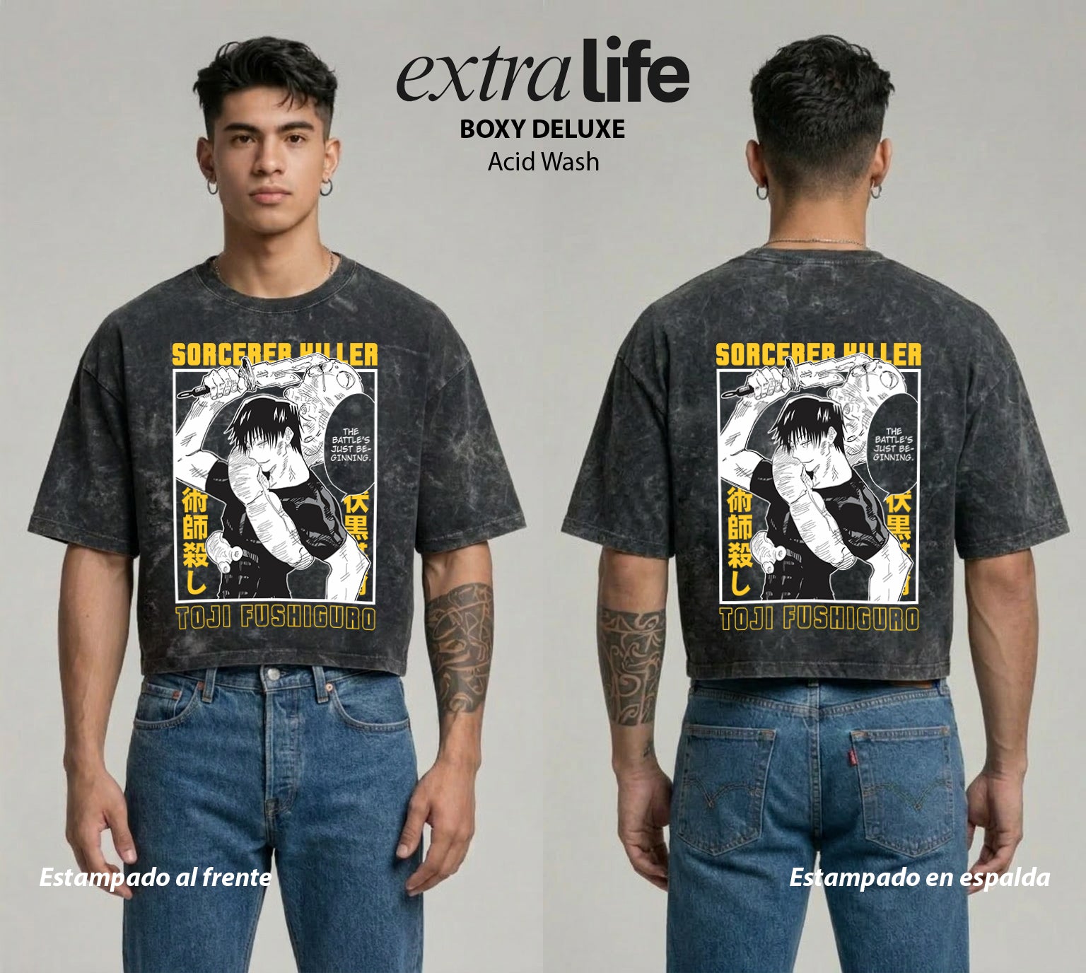 Playera streetwear premium de anime y gaming ExtraLife MX, corte boxy deluxe mineral wash heavyweight en color Acid Wash, moda urbana mexicana de culto.