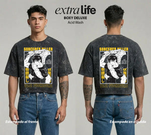 Playera streetwear premium de anime y gaming ExtraLife MX, corte boxy deluxe mineral wash heavyweight en color Acid Wash, moda urbana mexicana de culto.