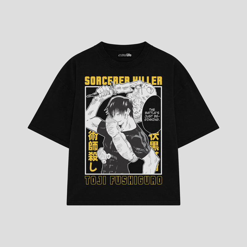 Playera streetwear premium de anime y gaming ExtraLife MX, corte boxy oversized drop shoulder heavyweight en color Deep Black y Off-White, moda urbana mexicana de culto.