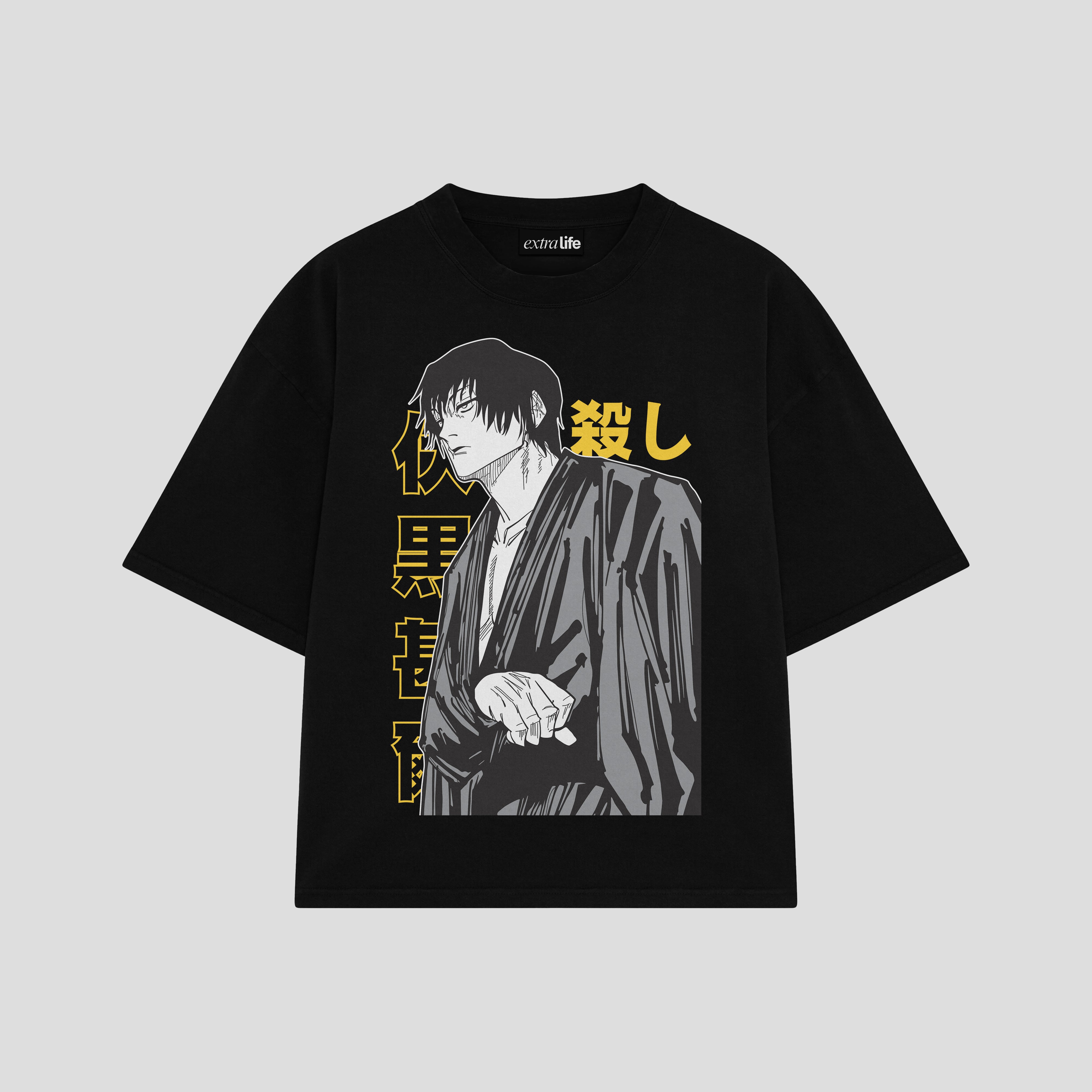 Playera streetwear premium de anime y gaming ExtraLife MX, corte boxy oversized drop shoulder heavyweight en color Deep Black y Off-White, moda urbana mexicana de culto.