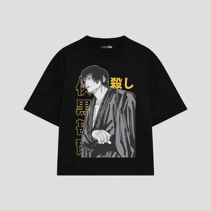 Playera streetwear premium de anime y gaming ExtraLife MX, corte boxy oversized drop shoulder heavyweight en color Deep Black y Off-White, moda urbana mexicana de culto.