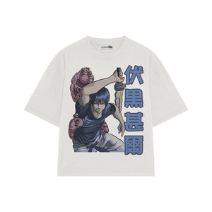 Playera streetwear premium de anime y gaming ExtraLife MX, corte boxy oversized drop shoulder heavyweight en color Deep Black y Off-White, moda urbana mexicana de culto.