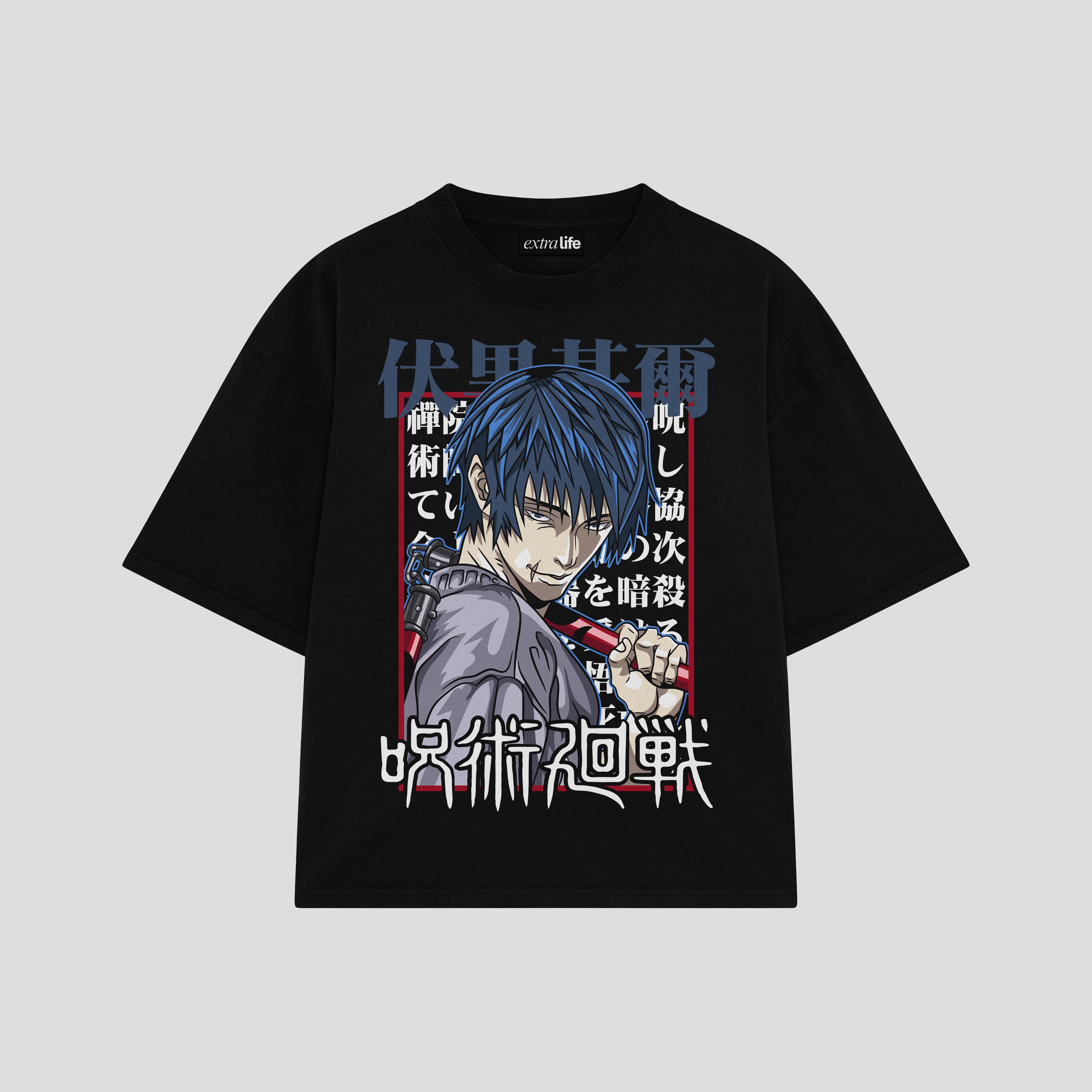 Playera streetwear premium de anime y gaming ExtraLife MX, corte boxy oversized drop shoulder heavyweight en color Deep Black y Off-White, moda urbana mexicana de culto.