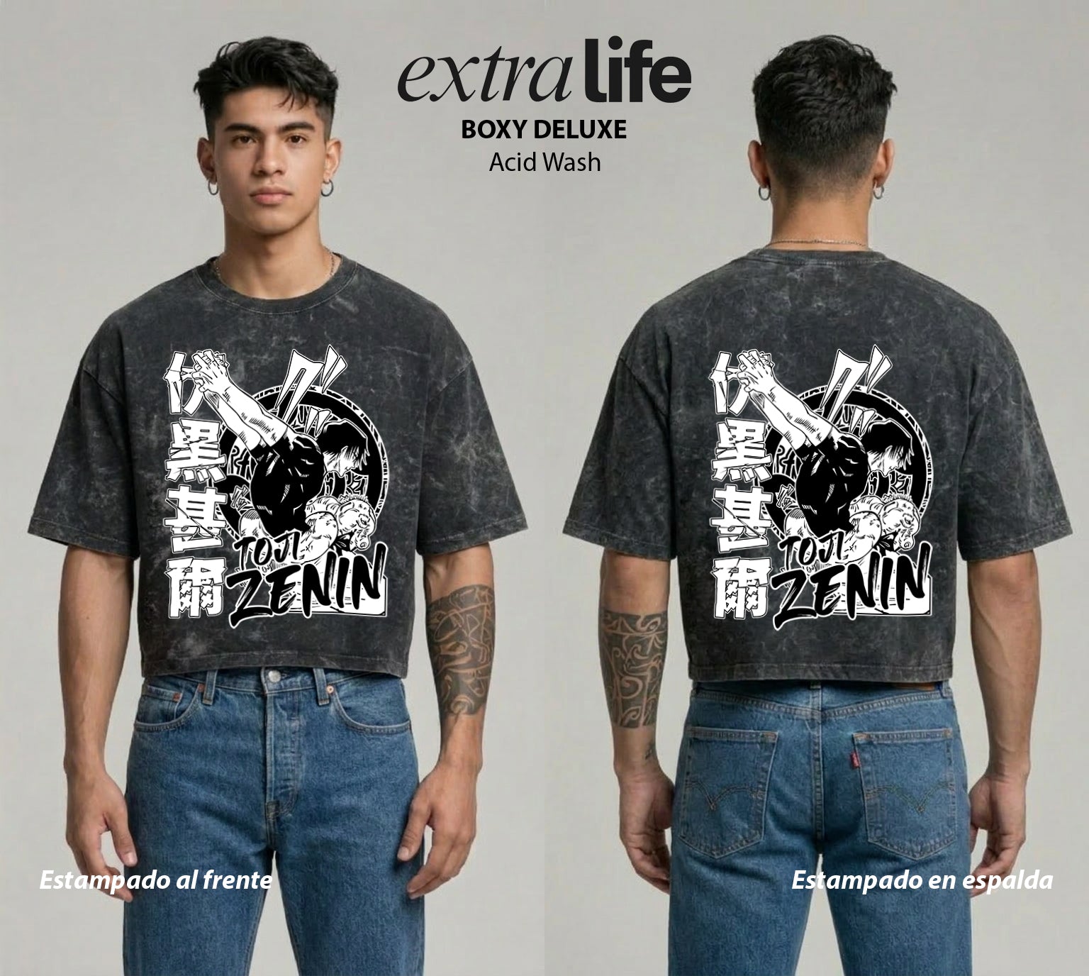 Playera streetwear premium de anime y gaming ExtraLife MX, corte boxy deluxe mineral wash heavyweight en color Acid Wash, moda urbana mexicana de culto.