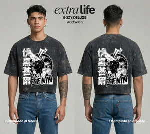 Playera streetwear premium de anime y gaming ExtraLife MX, corte boxy deluxe mineral wash heavyweight en color Acid Wash, moda urbana mexicana de culto.