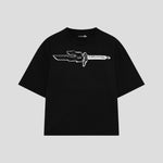 Playera streetwear premium de anime y gaming ExtraLife MX, corte boxy oversized drop shoulder heavyweight en color Deep Black y Off-White, moda urbana mexicana de culto.