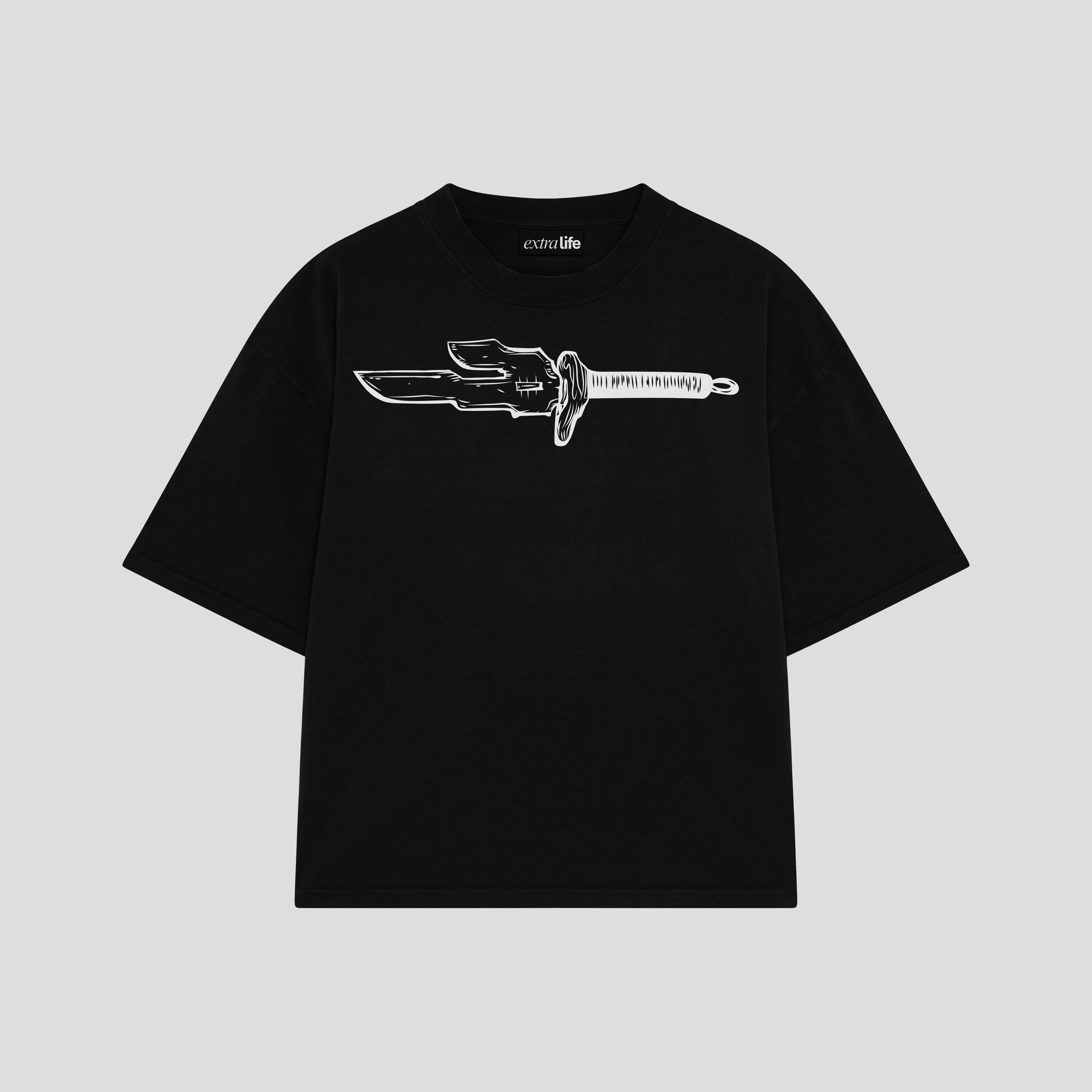 Playera streetwear premium de anime y gaming ExtraLife MX, corte boxy oversized drop shoulder heavyweight en color Deep Black y Off-White, moda urbana mexicana de culto.
