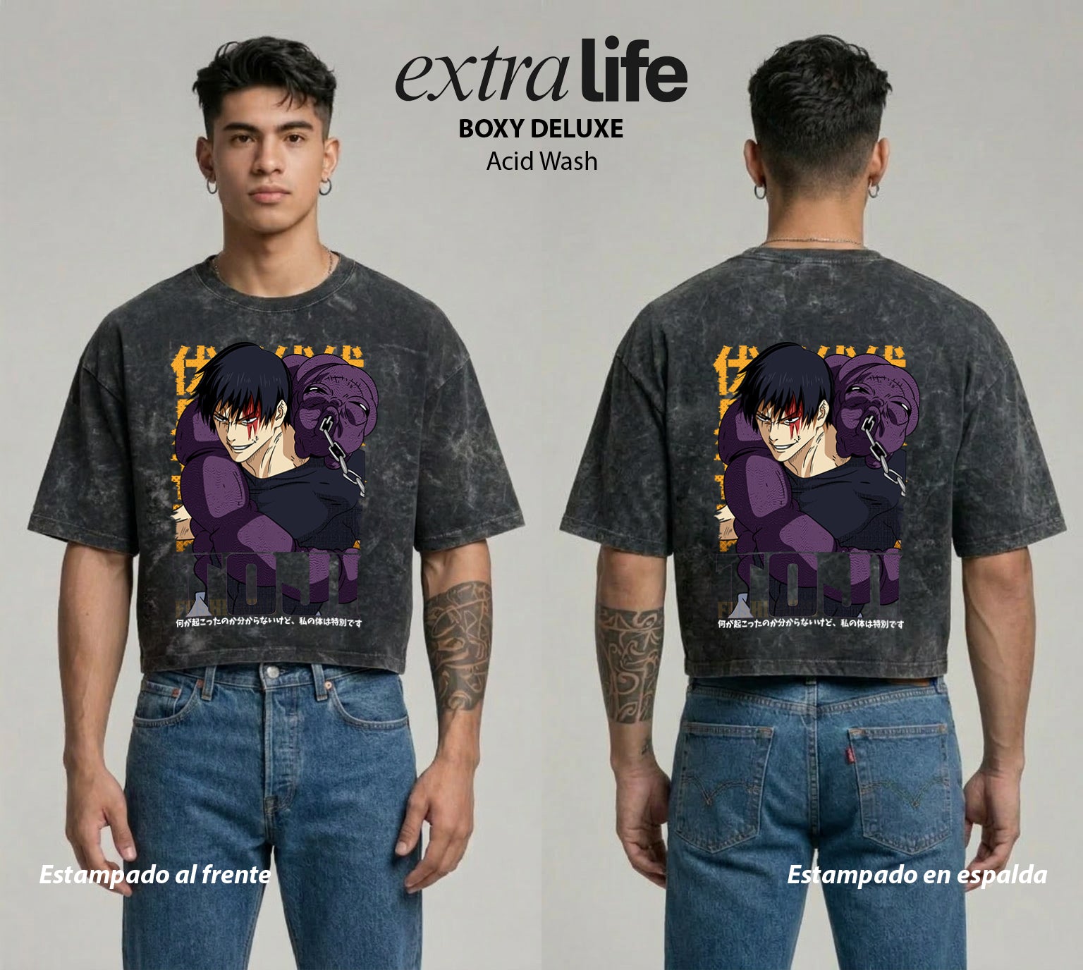 Playera streetwear premium de anime y gaming ExtraLife MX, corte boxy deluxe mineral wash heavyweight en color Acid Wash, moda urbana mexicana de culto.