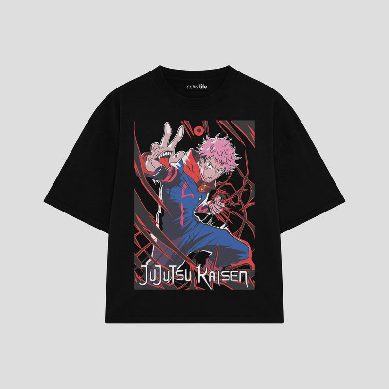 Playera streetwear premium de anime y gaming ExtraLife MX, corte boxy oversized drop shoulder heavyweight en color Deep Black y Off-White, moda urbana mexicana de culto.