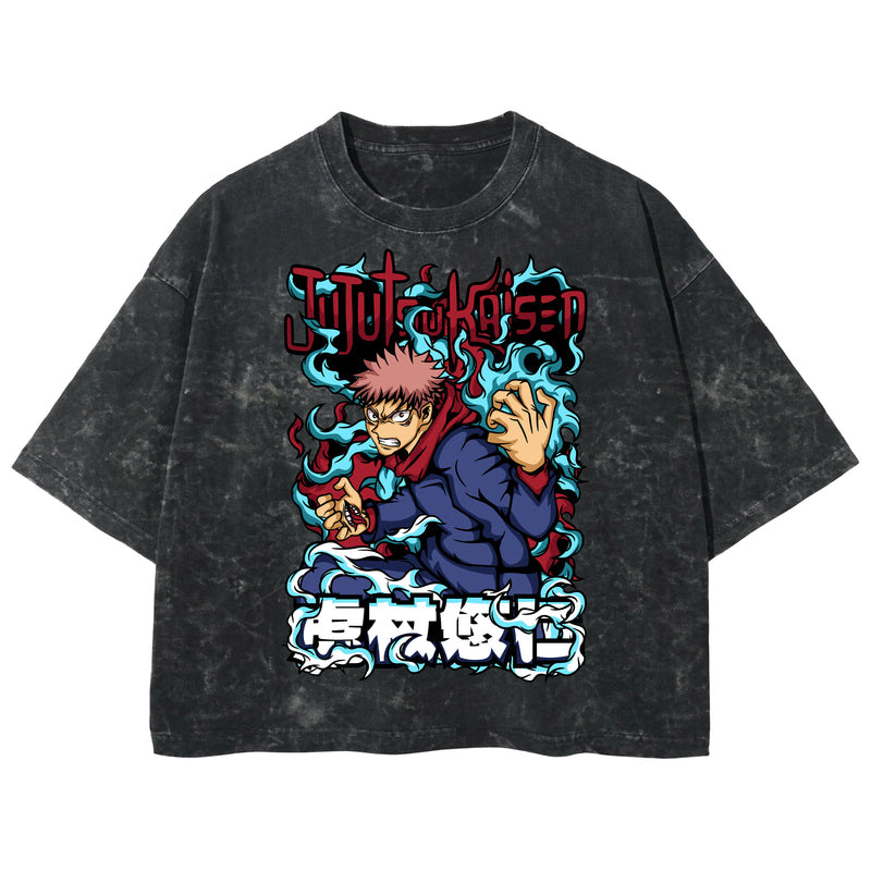 Playera streetwear premium de anime y gaming ExtraLife MX, corte boxy deluxe mineral wash heavyweight en color Acid Wash, moda urbana mexicana de culto.