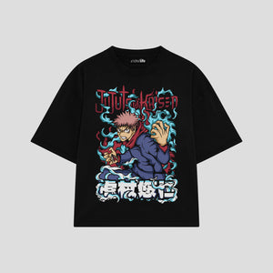 Playera streetwear premium de anime y gaming ExtraLife MX, corte boxy oversized drop shoulder heavyweight en color Deep Black y Off-White, moda urbana mexicana de culto.