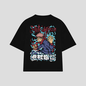 Playera streetwear premium de anime y gaming ExtraLife MX, corte boxy oversized drop shoulder heavyweight en color Deep Black y Off-White, moda urbana mexicana de culto.