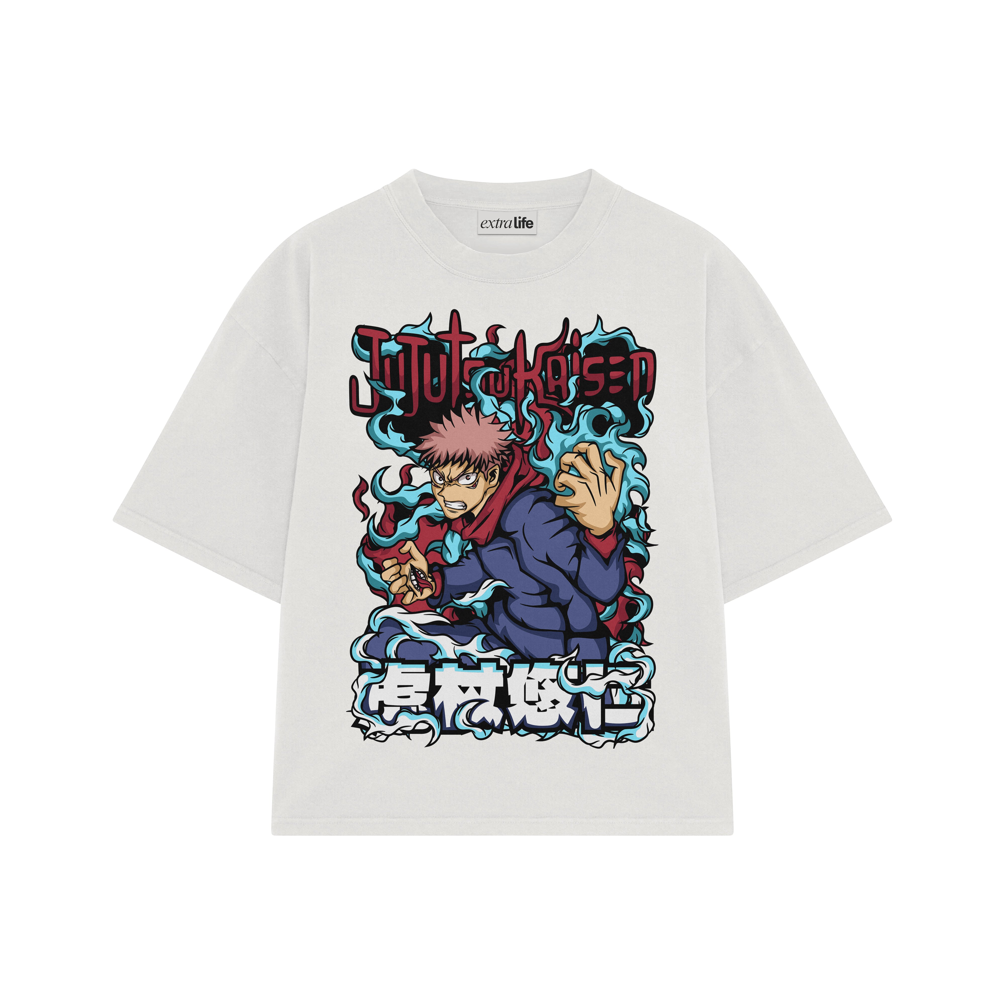 Playera streetwear premium de anime y gaming ExtraLife MX, corte boxy oversized drop shoulder heavyweight en color Deep Black y Off-White, moda urbana mexicana de culto.