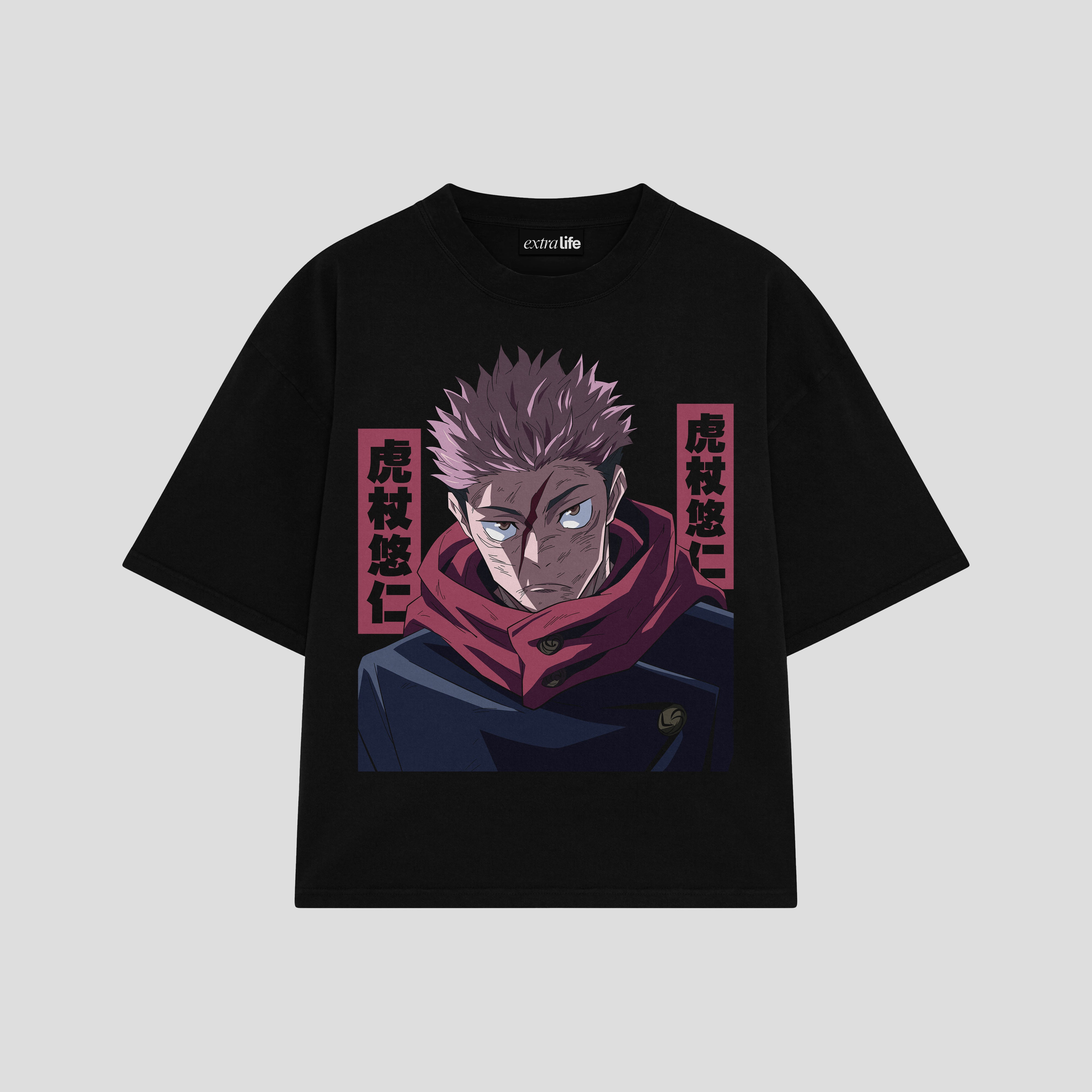 Playera streetwear premium de anime y gaming ExtraLife MX, corte boxy oversized drop shoulder heavyweight en color Deep Black y Off-White, moda urbana mexicana de culto.