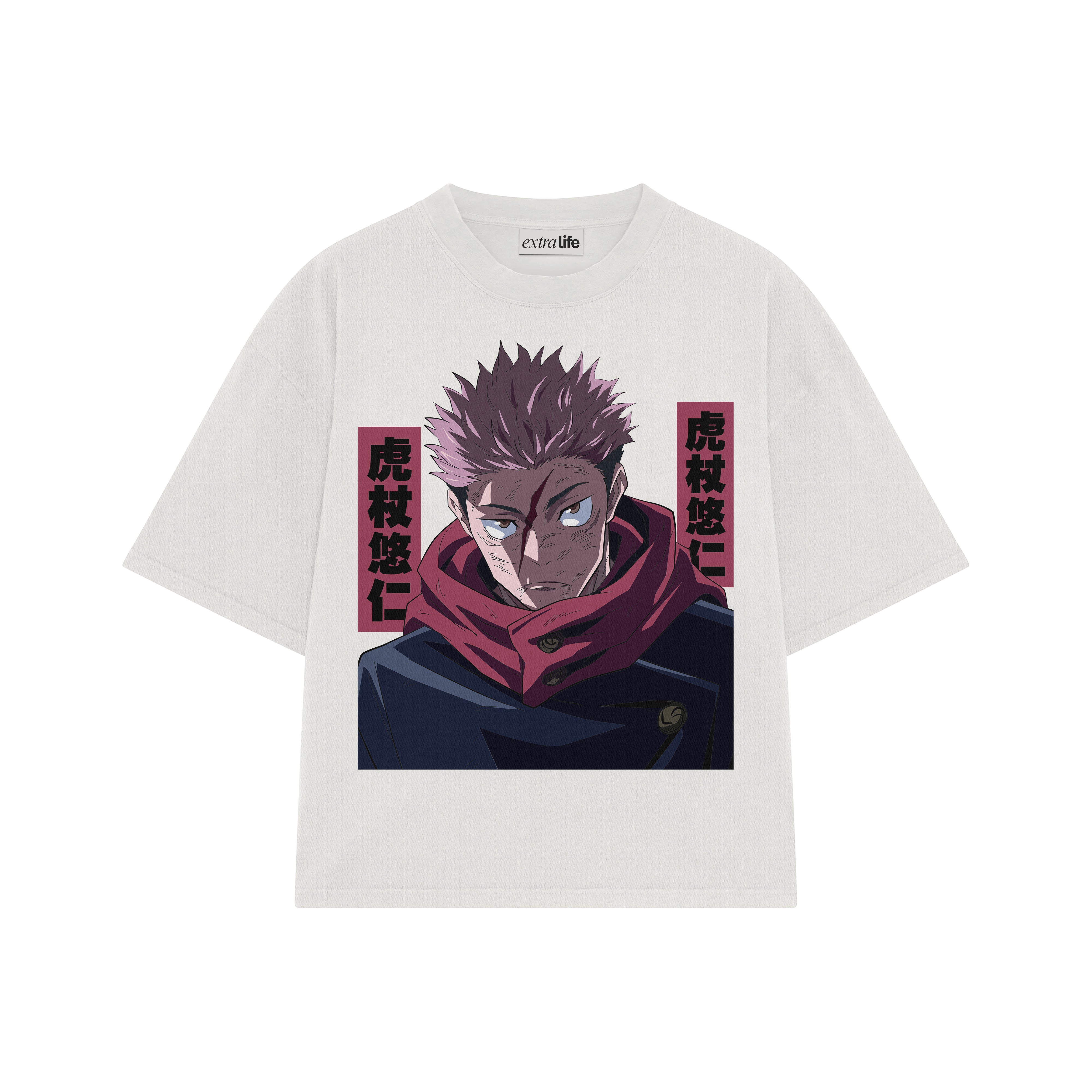 Playera streetwear premium de anime y gaming ExtraLife MX, corte boxy oversized drop shoulder heavyweight en color Deep Black y Off-White, moda urbana mexicana de culto.