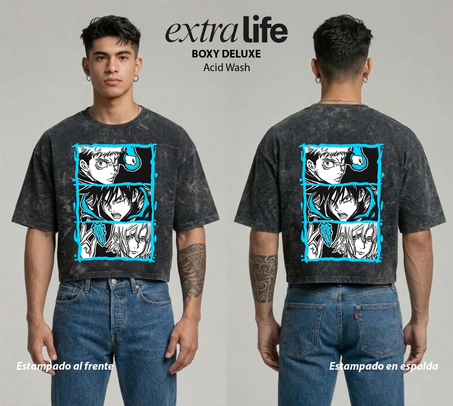 Playera streetwear premium de anime y gaming ExtraLife MX, corte boxy deluxe mineral wash heavyweight en color Acid Wash, moda urbana mexicana de culto.