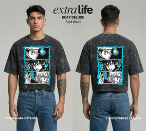 Playera streetwear premium de anime y gaming ExtraLife MX, corte boxy deluxe mineral wash heavyweight en color Acid Wash, moda urbana mexicana de culto.