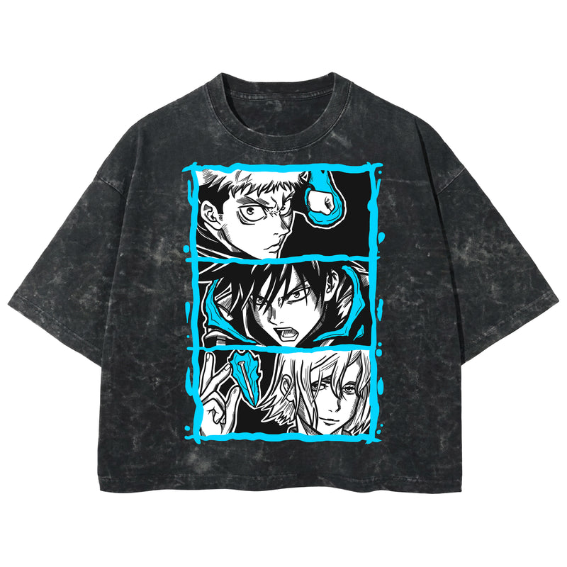 Playera streetwear premium de anime y gaming ExtraLife MX, corte boxy deluxe mineral wash heavyweight en color Acid Wash, moda urbana mexicana de culto.