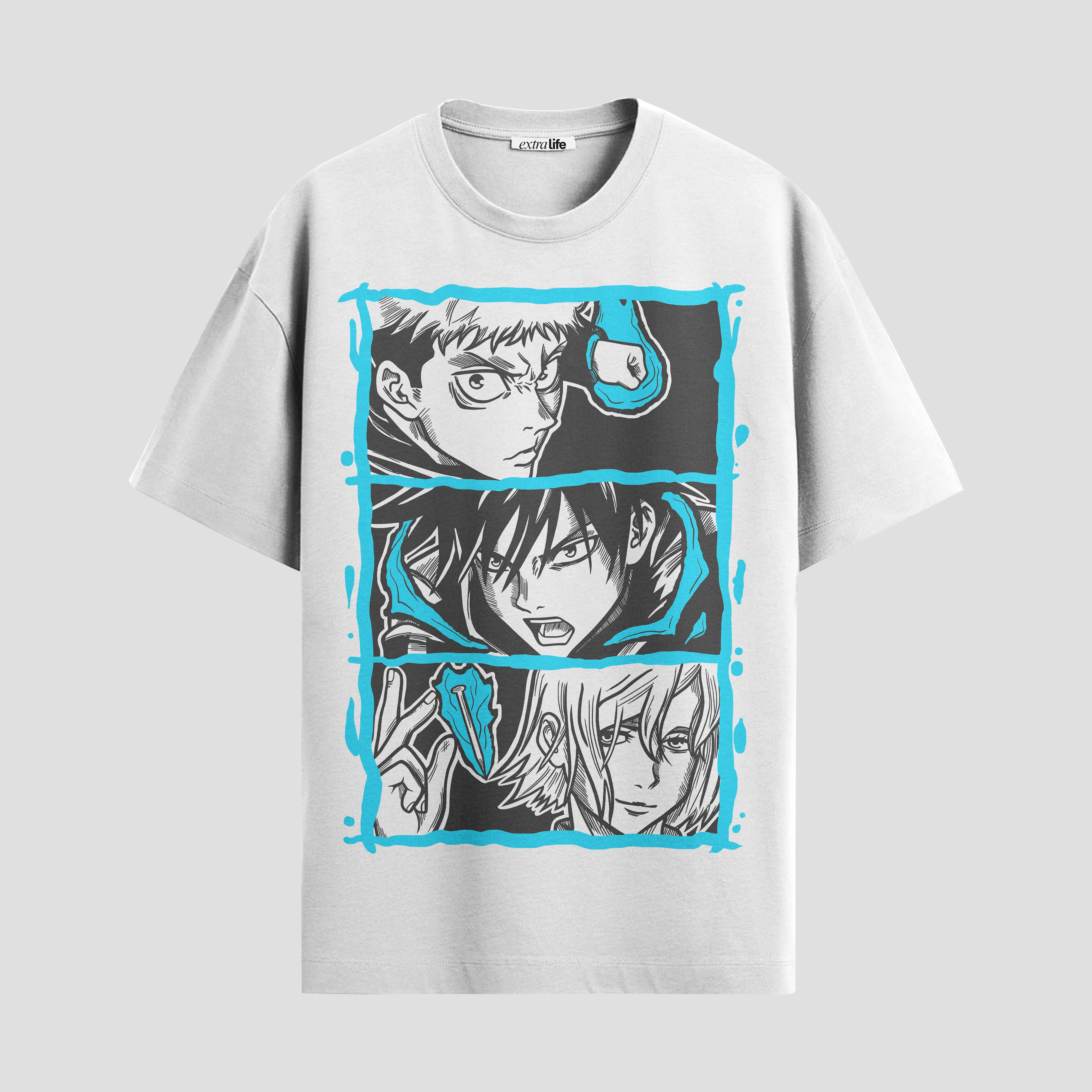 Playera urbana de anime y gaming ExtraLife MX, corte Standard Fit unisex ligero y transpirable en color Deep Black y Pure White, ropa de uso diario para gym y casual.