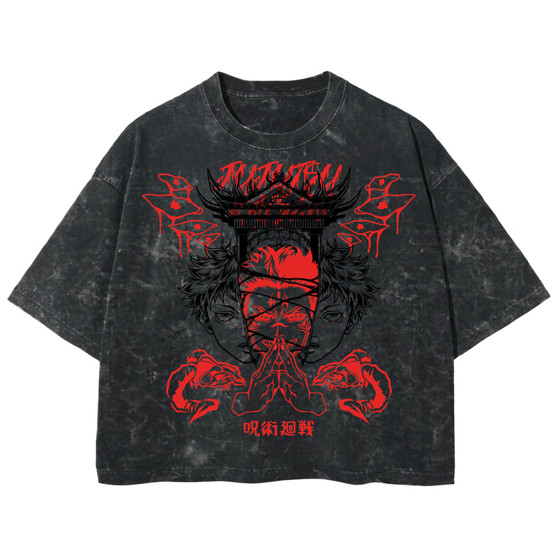 Playera streetwear premium de anime y gaming ExtraLife MX, corte boxy deluxe mineral wash heavyweight en color Acid Wash, moda urbana mexicana de culto.