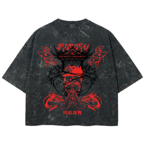 Playera streetwear premium de anime y gaming ExtraLife MX, corte boxy deluxe mineral wash heavyweight en color Acid Wash, moda urbana mexicana de culto.