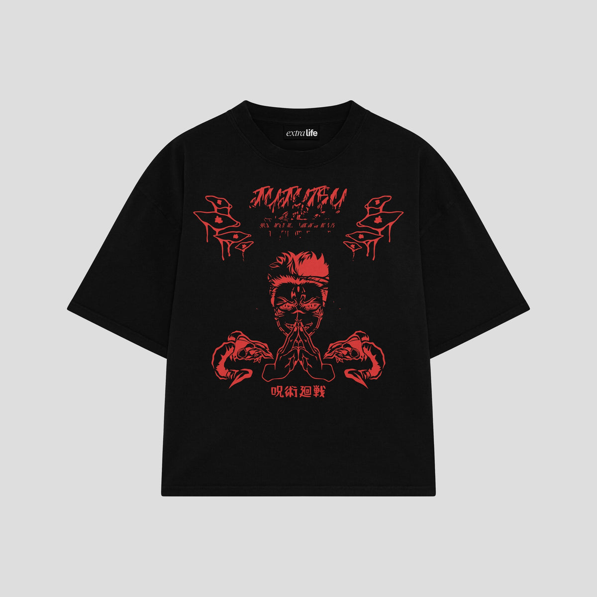 Playera streetwear premium de anime y gaming ExtraLife MX, corte oversized drop shoulder ligero y fresco en color Deep Black y Off-White, moda urbana mexicana de culto.
