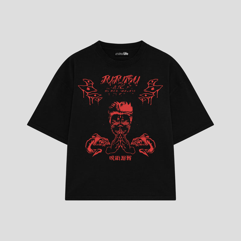 Playera streetwear premium de anime y gaming ExtraLife MX, corte boxy oversized drop shoulder heavyweight en color Deep Black y Off-White, moda urbana mexicana de culto.