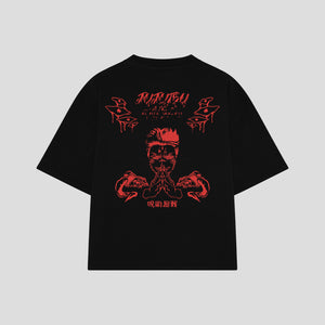 Playera streetwear premium de anime y gaming ExtraLife MX, corte boxy oversized drop shoulder heavyweight en color Deep Black y Off-White, moda urbana mexicana de culto.
