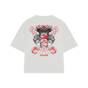 Playera streetwear premium de anime y gaming ExtraLife MX, corte boxy oversized drop shoulder heavyweight en color Deep Black y Off-White, moda urbana mexicana de culto.