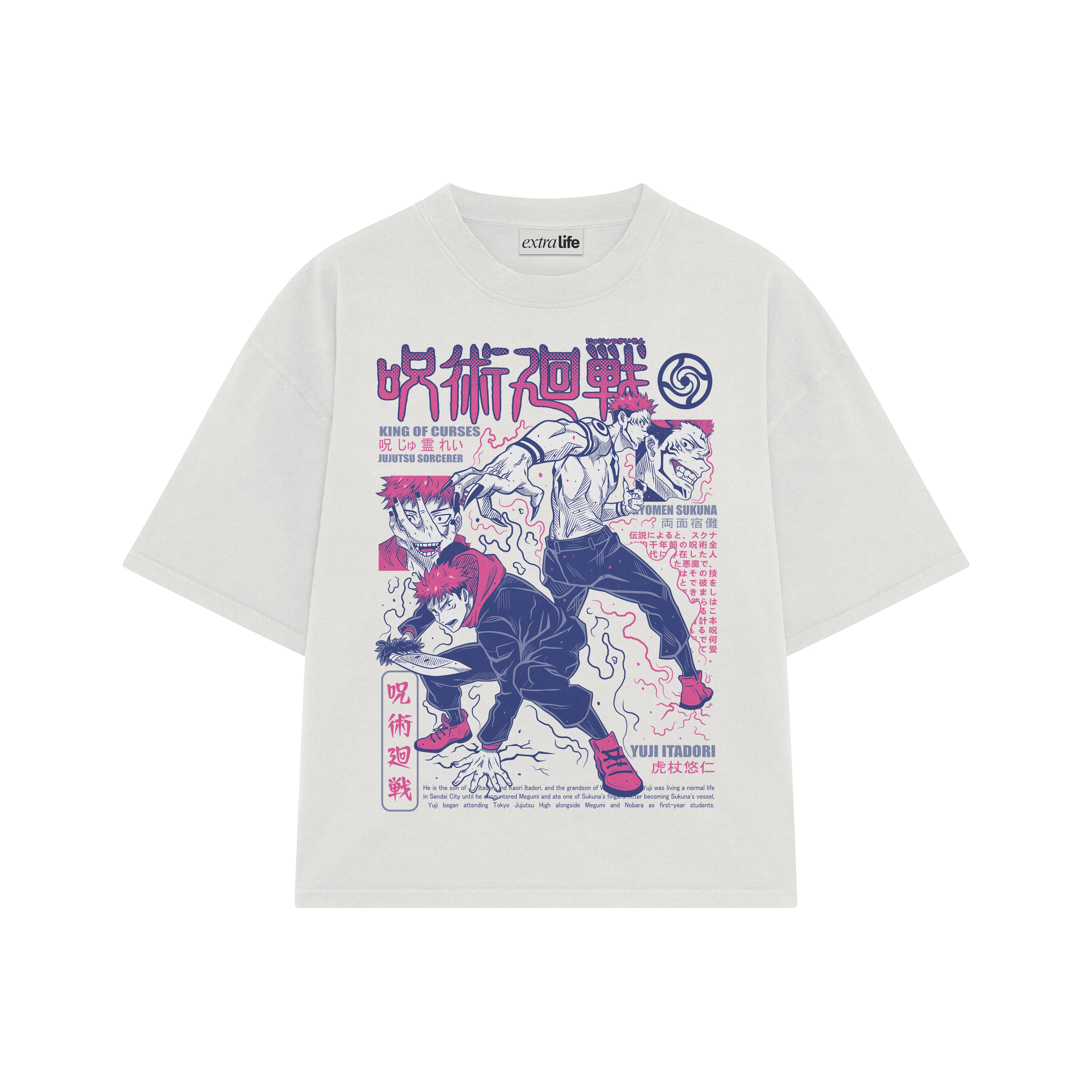 Playera streetwear premium de anime y gaming ExtraLife MX, corte boxy oversized drop shoulder heavyweight en color Deep Black y Off-White, moda urbana mexicana de culto.