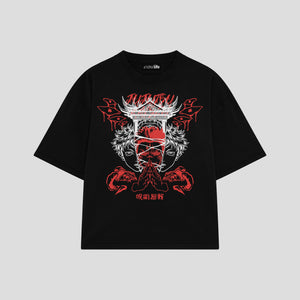Playera streetwear premium de anime y gaming ExtraLife MX, corte boxy oversized drop shoulder heavyweight en color Deep Black y Off-White, moda urbana mexicana de culto.