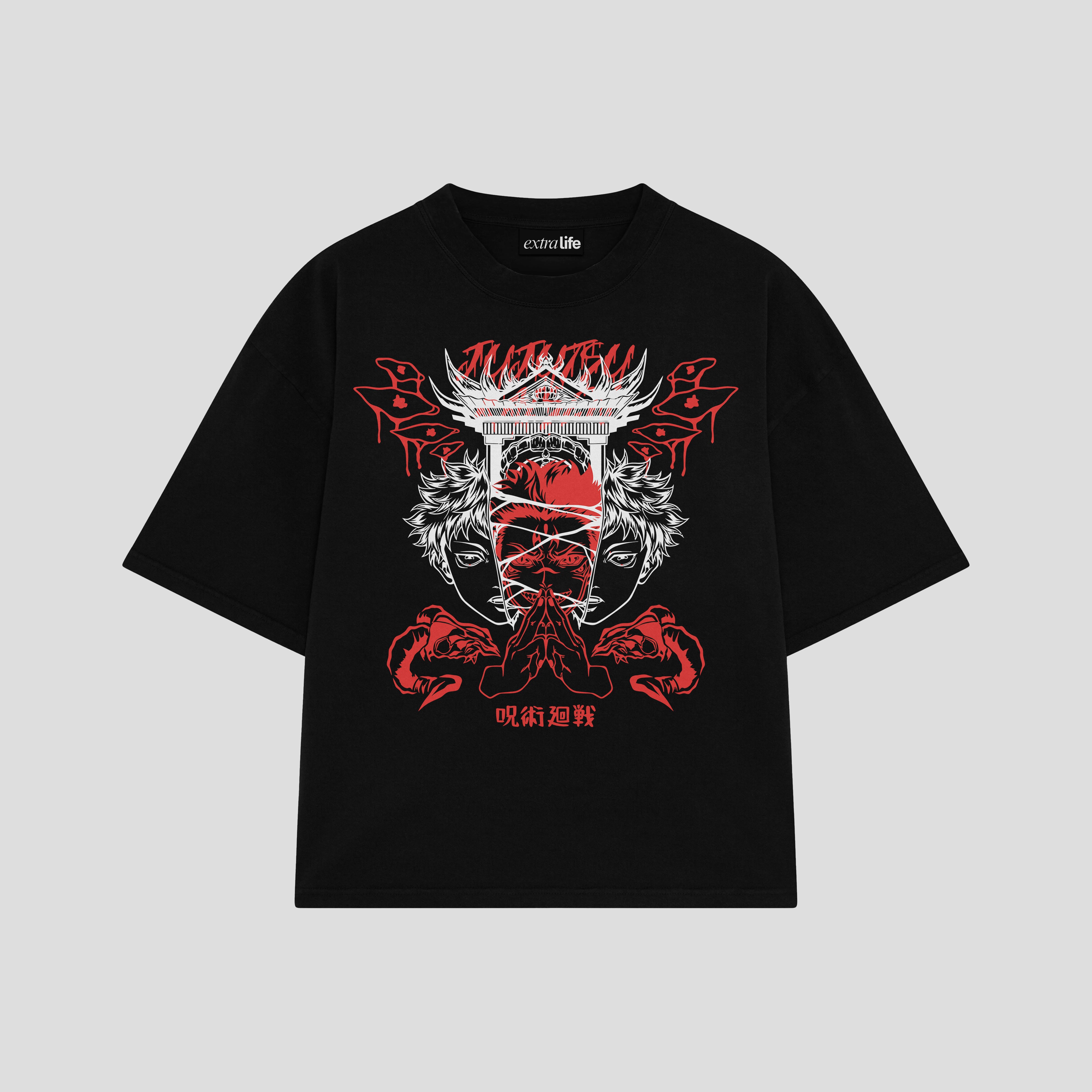 Playera streetwear premium de anime y gaming ExtraLife MX, corte boxy oversized drop shoulder heavyweight en color Deep Black y Off-White, moda urbana mexicana de culto.