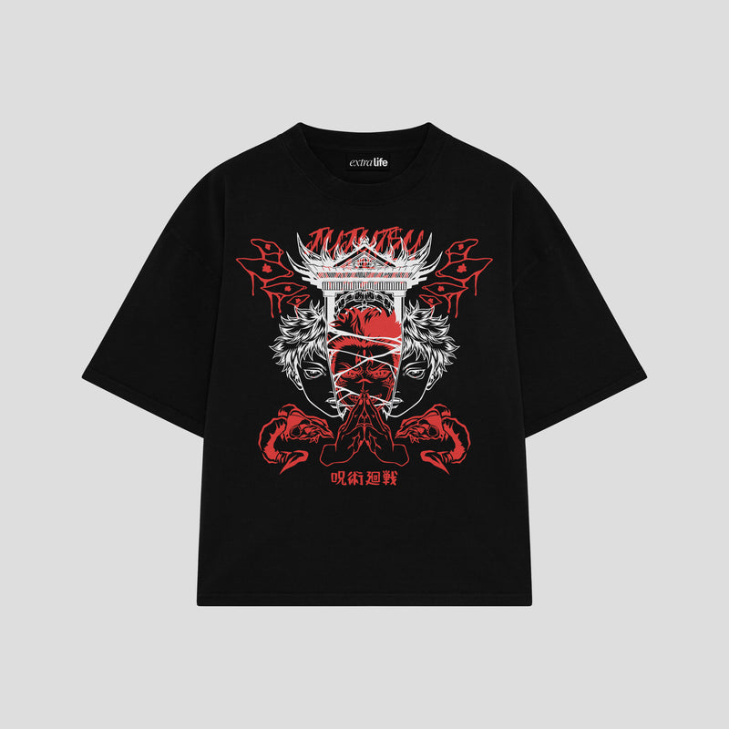 Playera streetwear premium de anime y gaming ExtraLife MX, corte boxy oversized drop shoulder heavyweight en color Deep Black y Off-White, moda urbana mexicana de culto.
