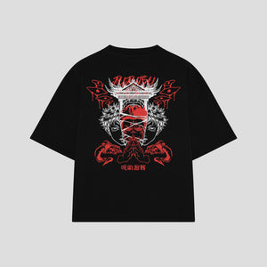 Playera streetwear premium de anime y gaming ExtraLife MX, corte boxy oversized drop shoulder heavyweight en color Deep Black y Off-White, moda urbana mexicana de culto.