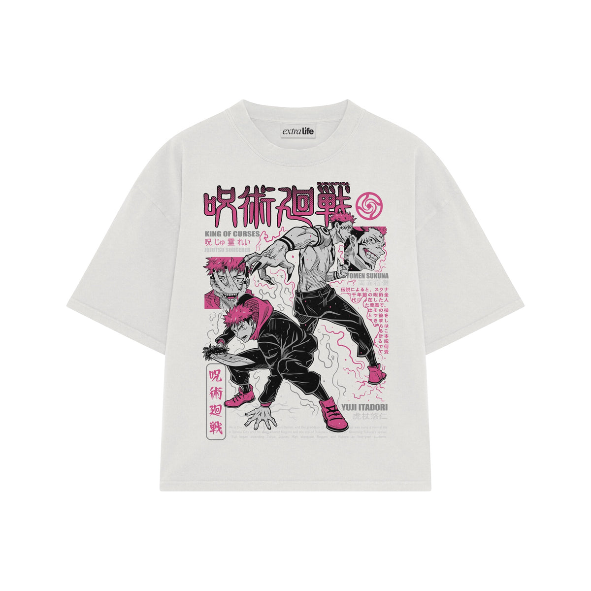 Playera streetwear premium de anime y gaming ExtraLife MX, corte oversized drop shoulder ligero y fresco en color Deep Black y Off-White, moda urbana mexicana de culto.