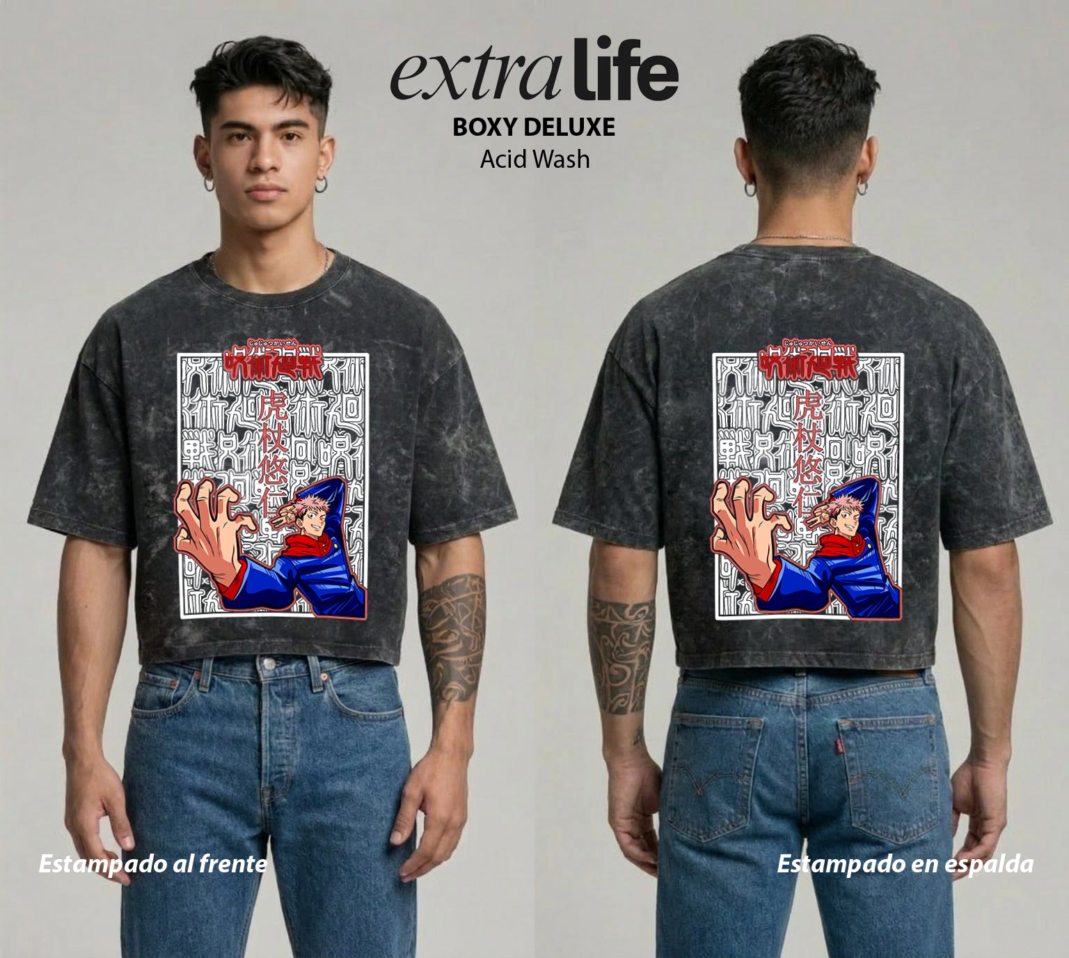 Playera streetwear premium de anime y gaming ExtraLife MX, corte boxy deluxe mineral wash heavyweight en color Acid Wash, moda urbana mexicana de culto.