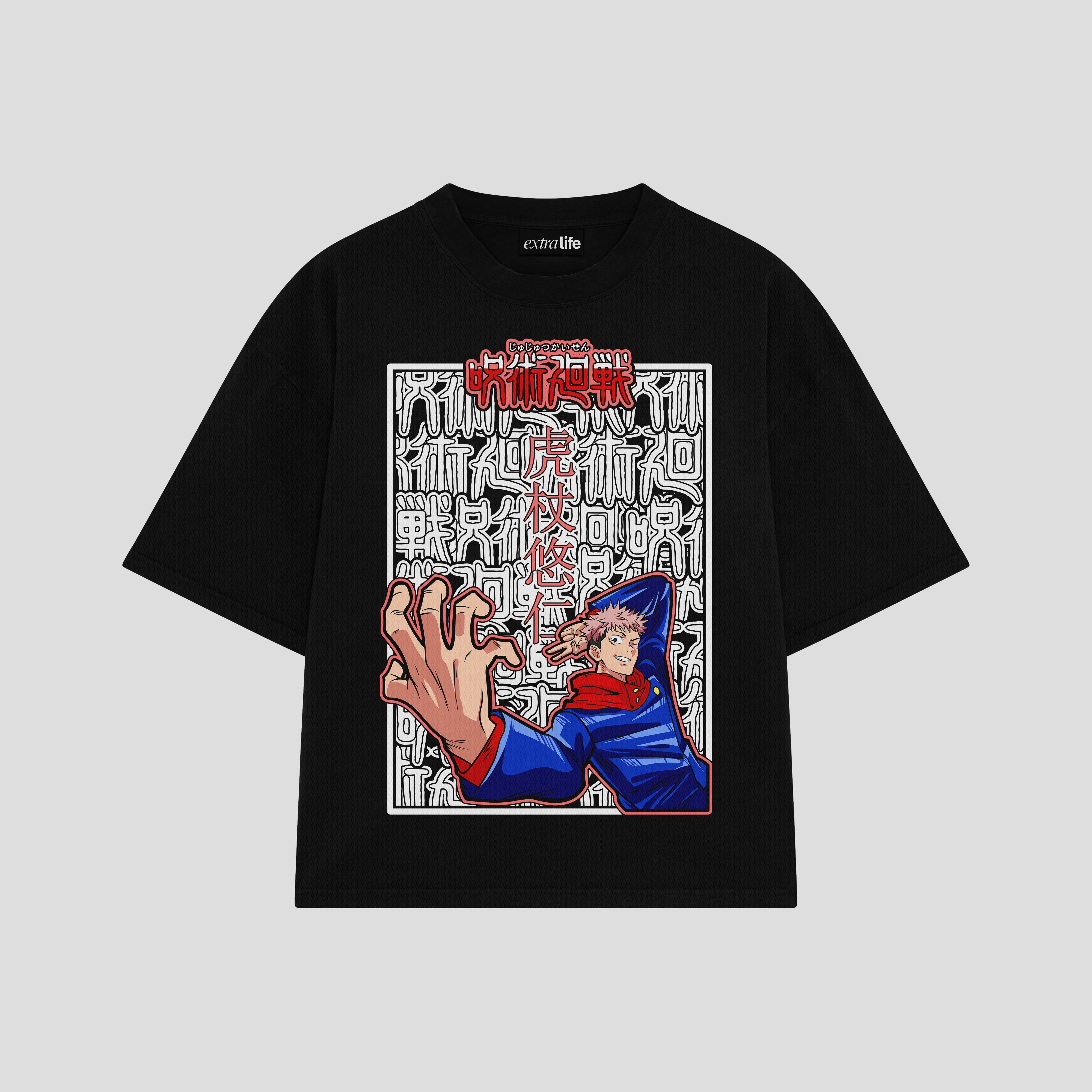 Playera streetwear premium de anime y gaming ExtraLife MX, corte boxy oversized drop shoulder heavyweight en color Deep Black y Off-White, moda urbana mexicana de culto.