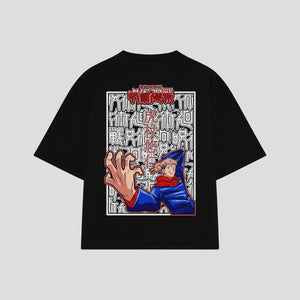 Playera streetwear premium de anime y gaming ExtraLife MX, corte boxy oversized drop shoulder heavyweight en color Deep Black y Off-White, moda urbana mexicana de culto.