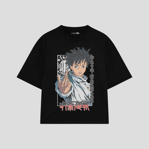 Playera streetwear premium de anime y gaming ExtraLife MX, corte boxy oversized drop shoulder heavyweight en color Deep Black y Off-White, moda urbana mexicana de culto.