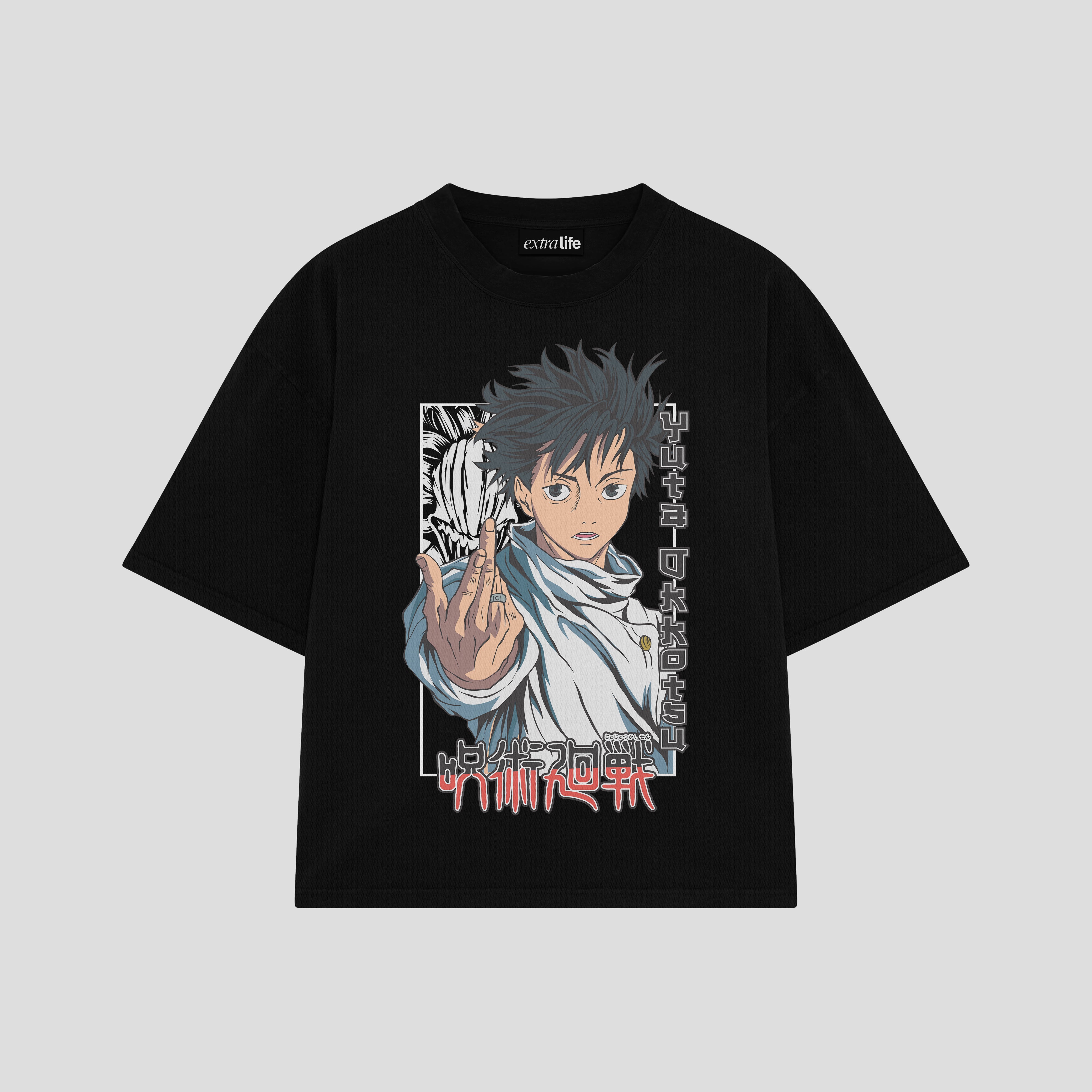 Playera streetwear premium de anime y gaming ExtraLife MX, corte boxy oversized drop shoulder heavyweight en color Deep Black y Off-White, moda urbana mexicana de culto.