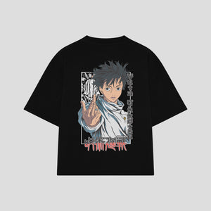 Playera streetwear premium de anime y gaming ExtraLife MX, corte boxy oversized drop shoulder heavyweight en color Deep Black y Off-White, moda urbana mexicana de culto.