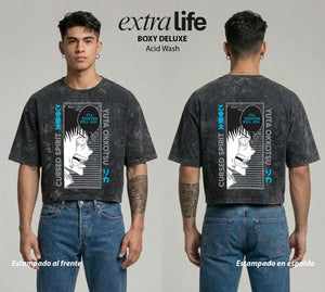 Playera streetwear premium de anime y gaming ExtraLife MX, corte boxy deluxe mineral wash heavyweight en color Acid Wash, moda urbana mexicana de culto.