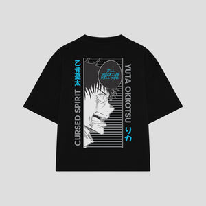 Playera streetwear premium de anime y gaming ExtraLife MX, corte boxy oversized drop shoulder heavyweight en color Deep Black y Off-White, moda urbana mexicana de culto.