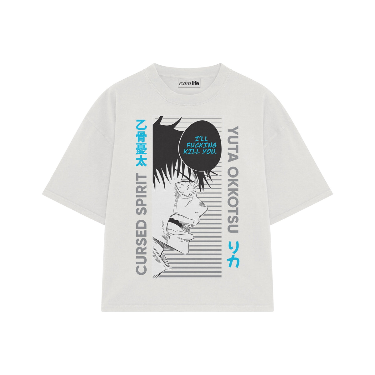 Playera streetwear premium de anime y gaming ExtraLife MX, corte oversized drop shoulder ligero y fresco en color Deep Black y Off-White, moda urbana mexicana de culto.