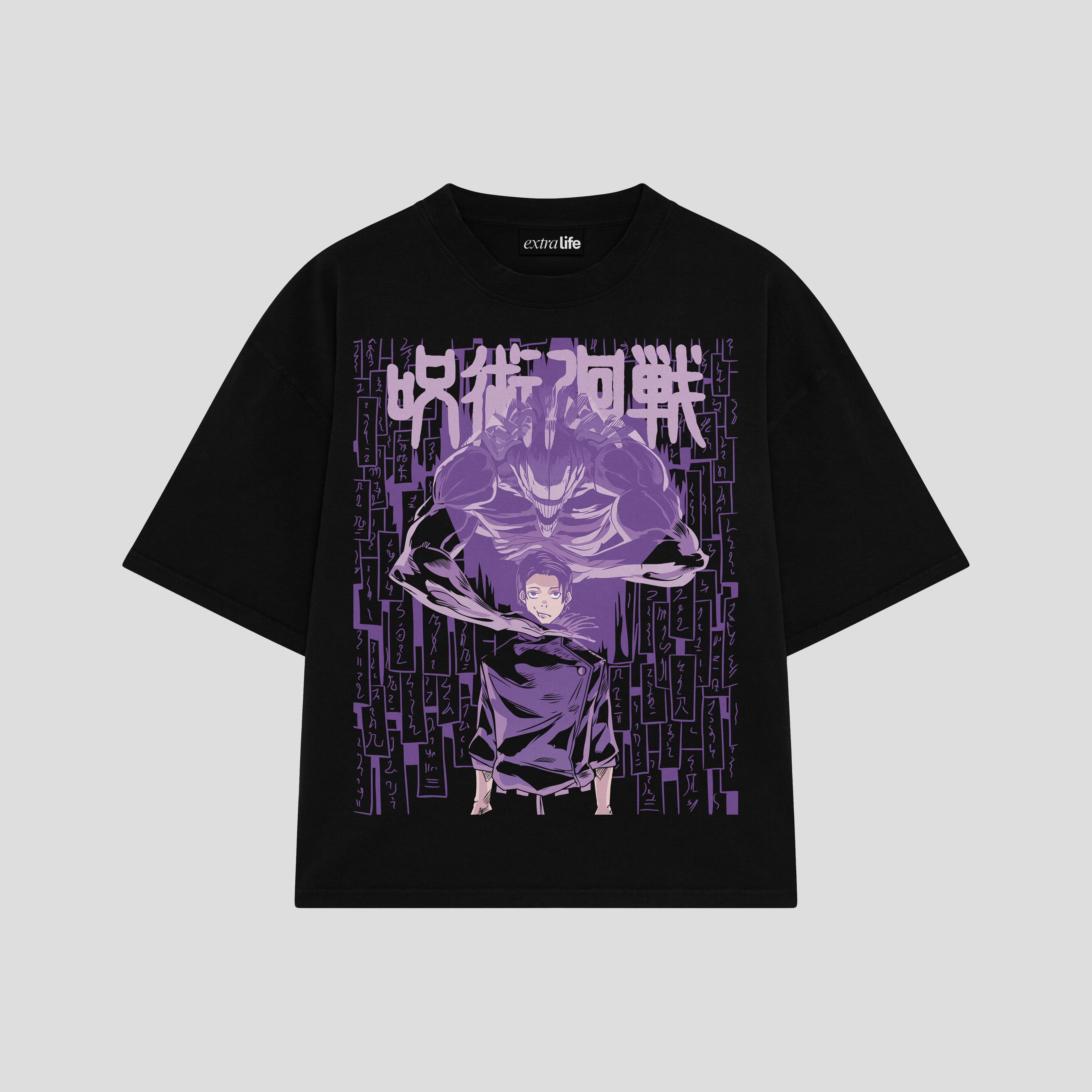 Playera streetwear premium de anime y gaming ExtraLife MX, corte boxy oversized drop shoulder heavyweight en color Deep Black y Off-White, moda urbana mexicana de culto.