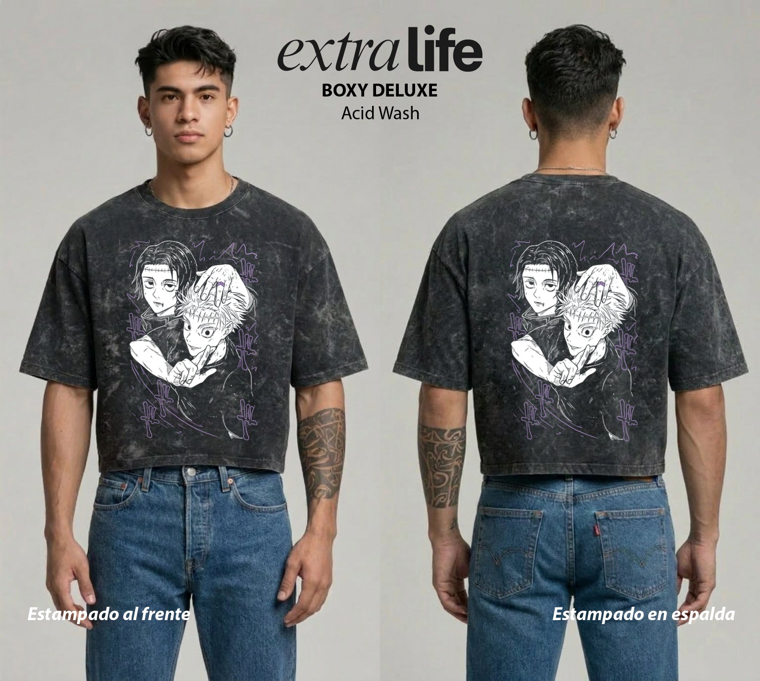 Playera streetwear premium de anime y gaming ExtraLife MX, corte boxy deluxe mineral wash heavyweight en color Acid Wash, moda urbana mexicana de culto.