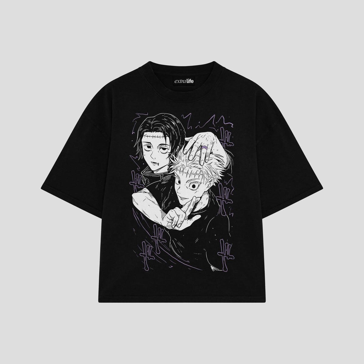 Playera streetwear premium de anime y gaming ExtraLife MX, corte oversized drop shoulder ligero y fresco en color Deep Black y Off-White, moda urbana mexicana de culto.