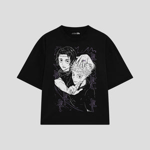 Playera streetwear premium de anime y gaming ExtraLife MX, corte boxy oversized drop shoulder heavyweight en color Deep Black y Off-White, moda urbana mexicana de culto.