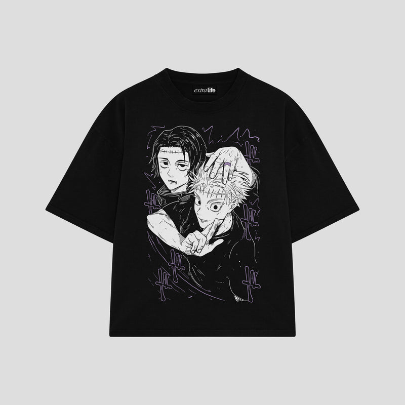 Playera streetwear premium de anime y gaming ExtraLife MX, corte boxy oversized drop shoulder heavyweight en color Deep Black y Off-White, moda urbana mexicana de culto.